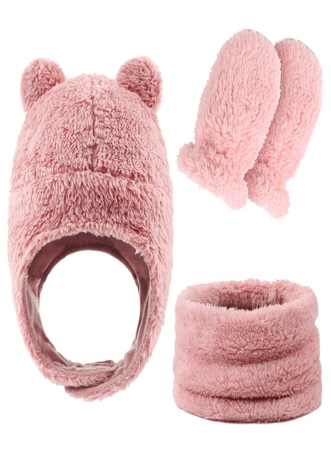Peecabe Fleece Baby Hat Scarf Mitten Set Winter Toddler Beanie Warm Mittens Infant Scarves Ears Earflap Hats for Baby Boys Girls (Pink, M) - Image 1